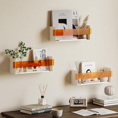 Sttoraboks Metal Floating Shelf Set of 3 with Acrylic Panels, Wall Mount Storage & Display Organizer for Bathroom, Bedroom, Living Room (Orange)