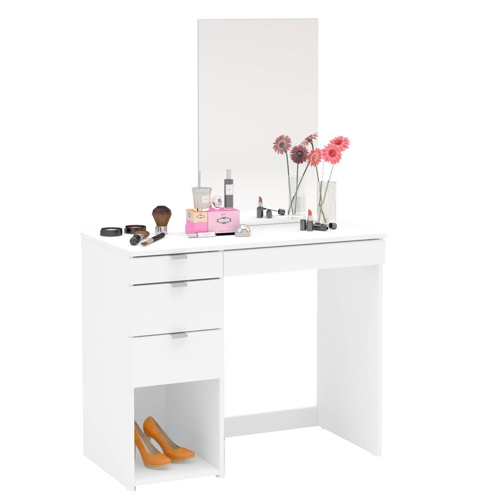 Polifurniture Joplin Vanity with Mirror White: Modern Makeup Desk, Rectangle Shape, Wood Material