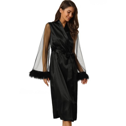 Cheibear Women's Satin Robe Feather Trim Bridesmaid Bathrobe Mesh Long  Sleeve Bridal Party Sleepwear Black X-large : Target