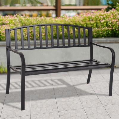 Outdoor Metal Patio Porch Backyard Park Deck Welcome Bench Seat Chair Black Gold 