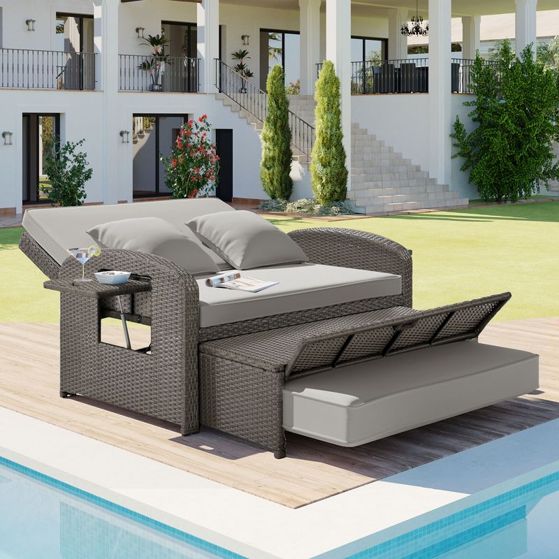Patio PE Rattan Double Chaise Lounge, Reclining Daybed with Adjustable Back and Cushions-ModernLuxe, 2 of 15
