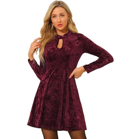 Allegra K Women's Velvet Dress Mock Neck Button Front Ruffle Vintage Flared  Dresses Burgundy Large