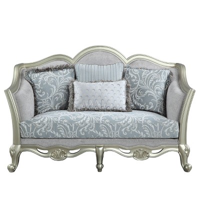 66" Light Gray Linen Loveseat with Champagne Wood Trim