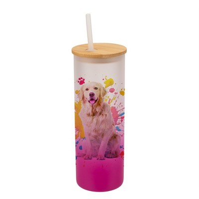 100 North 25 Ounce Frosted Glass Gradient Travel Tumbler With Straw & Wooden Lid, Golden Retriever Paint Splatter Pink