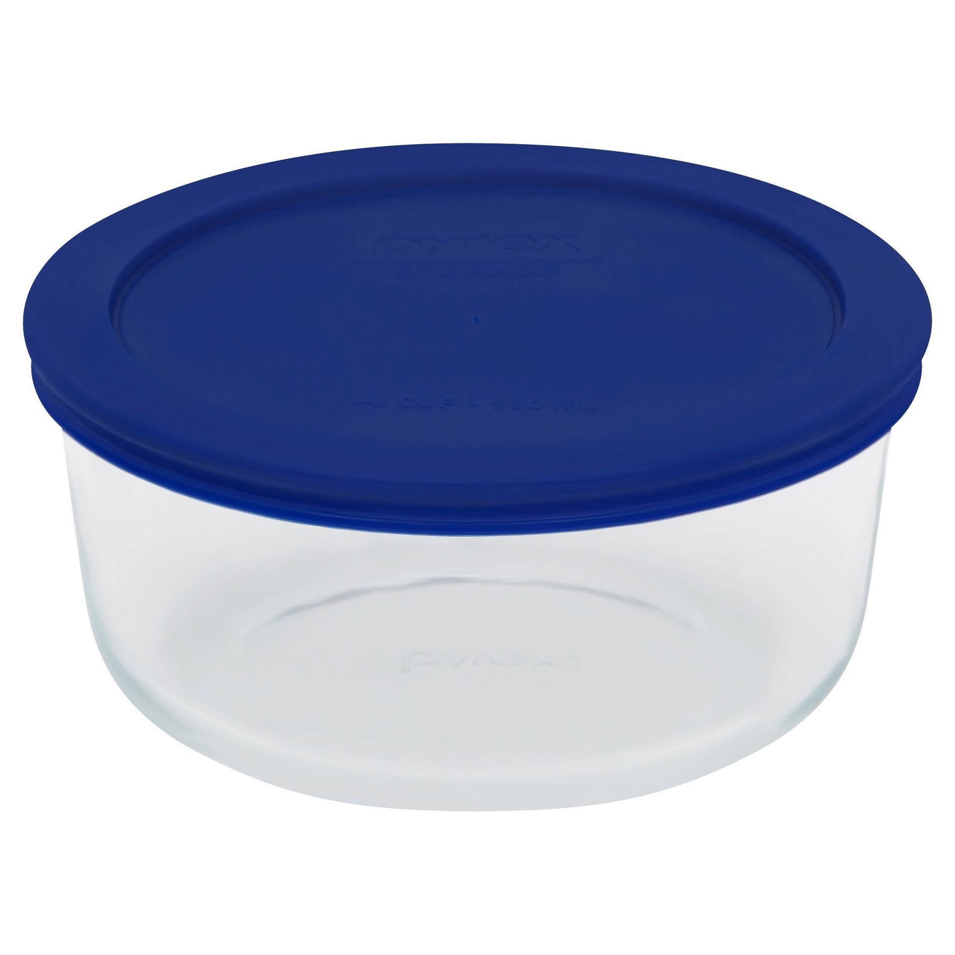 Pyrex 4 Cup Glass Round Storage Container Blue: Microwave, Oven, Dishwasher & Freezer Safe with Plastic Lid