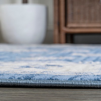 Elegant Vintage Floral 5' Square Blue and Cream Synthetic Area Rug