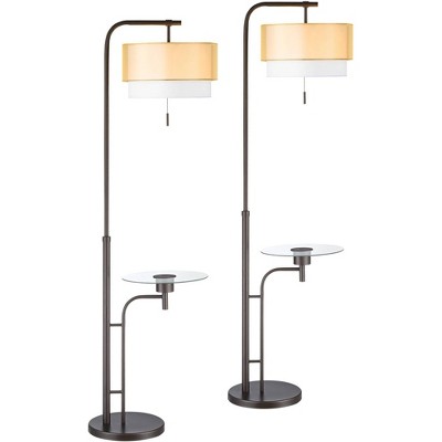 Possini Euro Design Modern Tall Floor Lamps Set of 2 with Tray Table USB Charging Port Bronze Double Drum Shades for Living Room