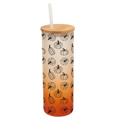 Elanze Designs Fall Pumpkin Autumn Season Wrap-Around Design 25 Ounce Frosted Gradient Glass On-The-Go Coffee Travel Skinny Tumbler Mug Cup, Bamboo