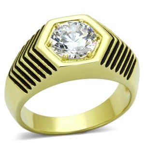 Slickblue Men’s IP Gold (Ion Plating) Stainless Steel Hexagon Ring with 8mm Round CZ in Clear, Size 8-13 - 1 of 4