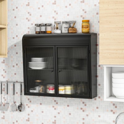FURNIinspire Kitchen And Dining Cabinets 2 Door Wall Mounted Metal Storage Cabinet With Glass Doors, Shelf for Home, Black, 7.87"*27.55"*23.62"