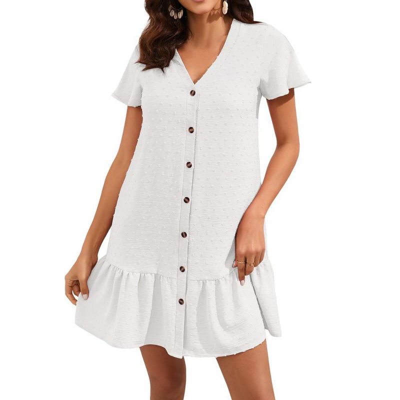 Womens Ruffled Hem Button Down Dress with Flared Sleeve Summer Short Sleeve Tunnic Dress Swiss Dot Mini Dress, 1 of 7