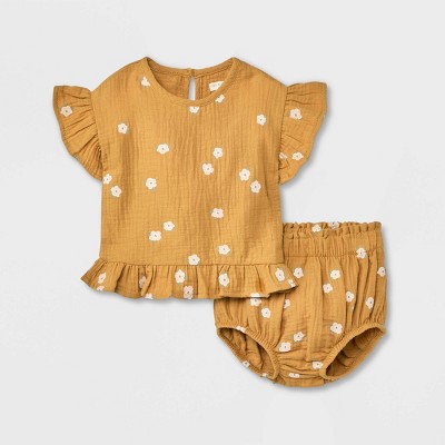 Grayson Collective Baby Girls' Gauze Ruffle Short Sleeve Top & Bottom Set - Yellow 0-3M