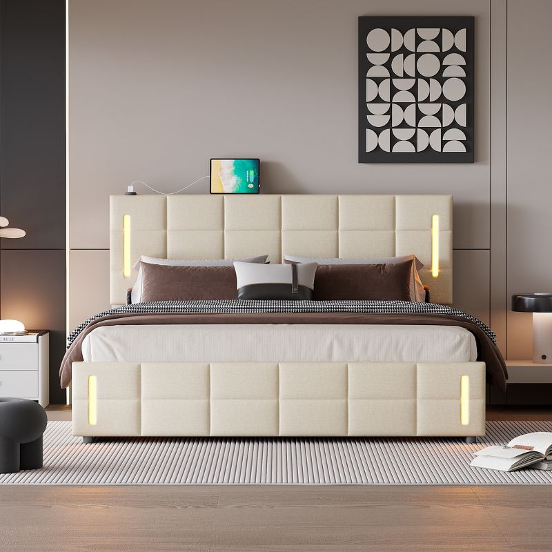 Full/Queen Size Upholstered Bed with Hydraulic Storage System and LED Light - ModernLuxe, 1 of 10