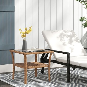 Okak Outdoor Rattan Side Tables w Storage Shelf, 2-Tier Patio End Table Coffee Table w Glass Top Outdoor&Indoor for Garden Balcony Yard Pool, Brown - 1 of 4