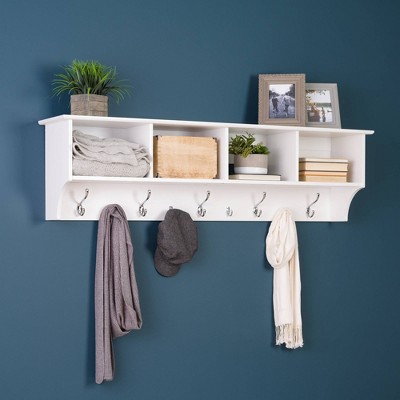 Expansive White Laminated Entryway Hanging Shelf with Hooks