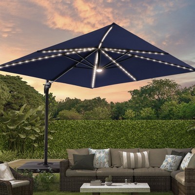 Sonkuki 10×10FT Outdoor LED Cantilever Patio Umbrella w/Base, 360° Rotation and Infinite Canopy Angle Adjustment