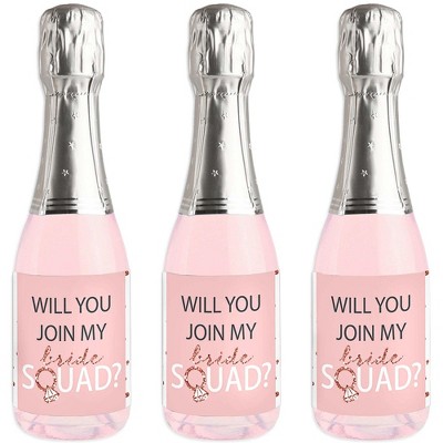 Big Dot of Happiness Will You Join My Bride Squad? - Mini Wine and Champagne Bottle Label Stickers - Rose Gold Bridesmaid Party Favor Gift - 16 Ct