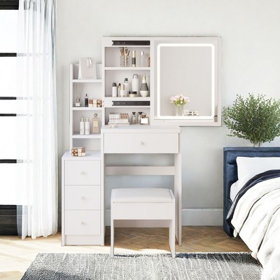 NicBex Apartment-Sized Vanity Set, Sliding LED Mirror Desk with USB Charging, Cushioned Stool for Apartment