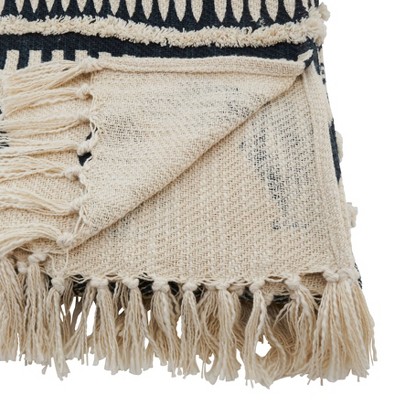 Bohemian Navy and Beige Cotton Fringed Throw Blanket