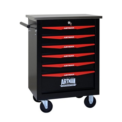 HANPURE 6-Drawer Rolling Tool Cart with Wheels, Metal Storage for Garage Workshop, Stainless Steel Top, Black & Red