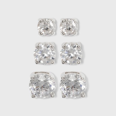 Women's Sterling Silver Stud Earrings Set of 3 Post Round Cubic Zirconia 3pc - Silver/Clear