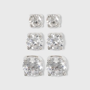 Women's Sterling Silver Stud Earrings Set of 3 Post Round Cubic Zirconia 3pc - Silver/Clear - 1 of 2