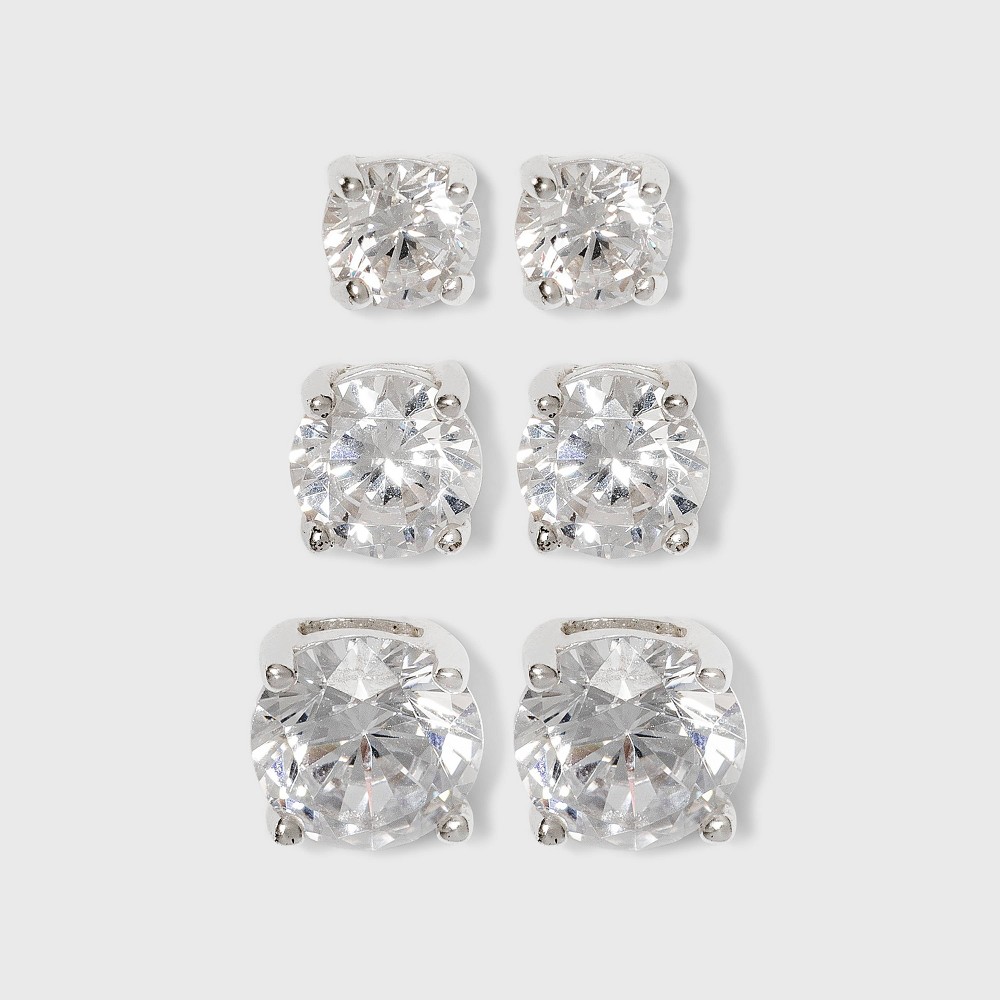 Photos - Earrings Women's Sterling Silver Stud  Set of 3 Post Round Cubic Zirconia 3