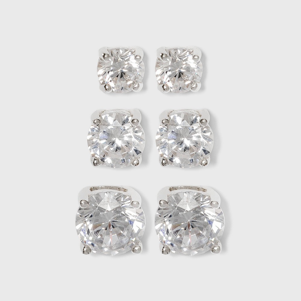 Photos - Earrings Women's Sterling Silver Stud  Set of 3 Post Round Cubic Zirconia 3pc - Silver/Clear: Nickel-Free, Polished Finish