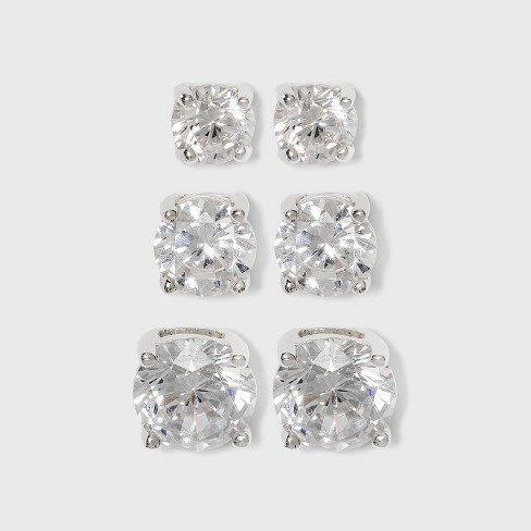 Women's Sterling Silver Stud Earrings Set of 3 Post Round Cubic Zirconia  3pc - Silver/Clear