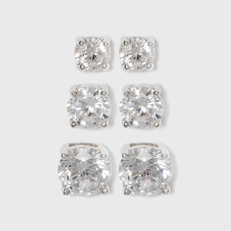Women&#39;s Sterling Silver Stud Earrings Set of 3 Post Round Cubic Zirconia 3pc - Silver/Clear, 1 of 3