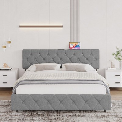 Garvee Bed Frame with USB Ports,Linen Fabric Wrap-Upholstered Platform with Adjustable Headboard,Strong Frame