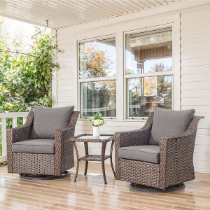 Belord 3PCS Outdoor Swivel Glider Chairs with Side Table, Patio Brown Wicker Swivel Chairs with 2-Layer Tempered Glass Top Rattan Side Table - 1 of 4