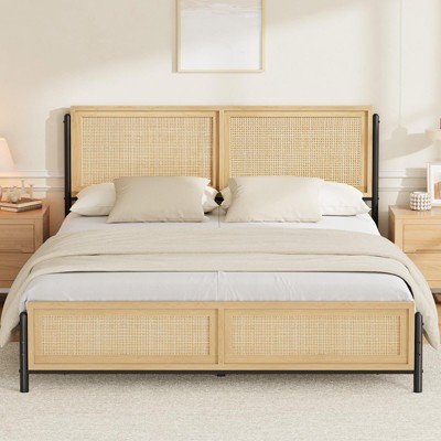 Full Size Bed Frame with Natural Rattan Headboard and Footboard, Wooden Full Platform Bed No Box Spring Needed