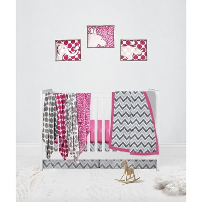 Bacati - Ikat Dots Leopard  Pink Grey Muslin Girls 10 pc Crib Set with wall hangings & Mobile