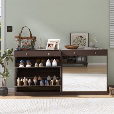 TIRAMISUBEST Brown Mirror Shoe Cabinet with 2-Tier Drawers - Entryway Storage Organizer with Full-Length Mirror for Bedroom or Hallway