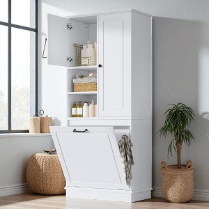 Mshliw Tall Bathroom Storage Cabinet with Flip-Out Basket, Adjustable Shelves & 2 Doors, MDF Cabinet with Aluminum Alloy Handles - 1 of 4