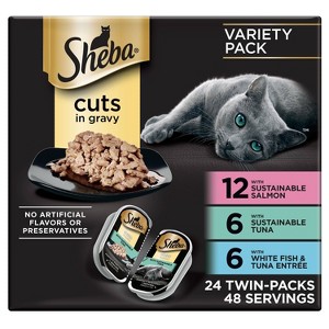 Sheba Perfect Portions Cuts In Gravy Sustainable Tuna,Salmon White Fish & Tuna Premium Wet Cat Food All Stages - 2.6oz/24ct Variety Pack - 1 of 4