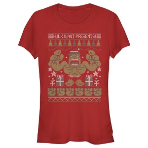 Juniors Womens Marvel Ugly Christmas Hulk Want Presents T-Shirt - 1 of 3