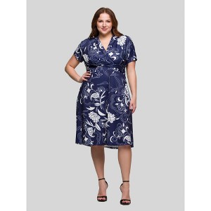 24seven Comfort Apparel Plus Size Navy Print Short Sleeve Knee Length V Neck Wrap Dress - 1 of 4