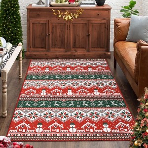 Machine Washable Area Rug, Low Pile Non-Slip Floor Mat with Snowmen & Houses, Festive Holiday Carpet for Living Room Bedroom, Red/Green - 1 of 4