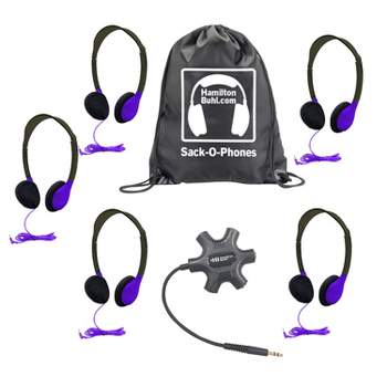 HamiltonBuhl® Galaxy™ Econo-Line of Sack-O-Phones with 5 Purple Personal-Sized Headphones, Starfish Jackbox and Carry Bag