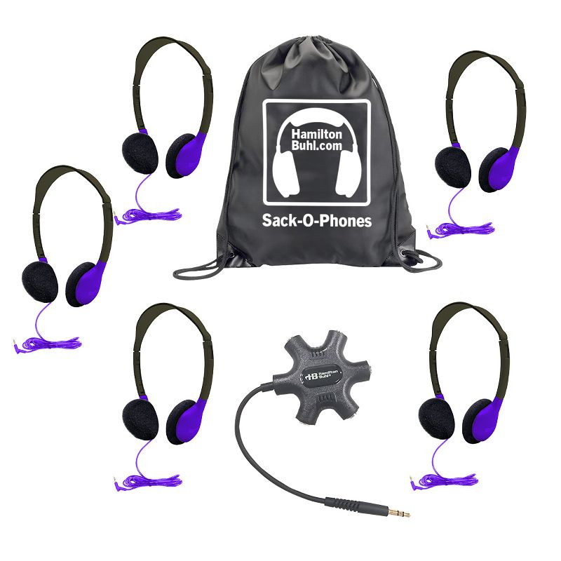 HamiltonBuhl® Galaxy™ Econo-Line of Sack-O-Phones with 5 Purple Personal-Sized Headphones, Starfish Jackbox and Carry Bag, 1 of 4