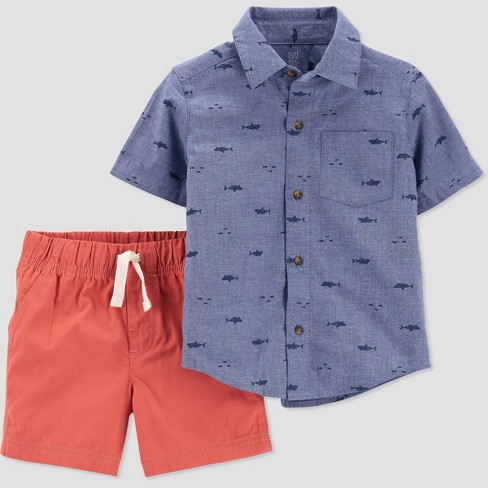 Carter's Just One You® Toddler Boys' Chambray Shark Top & Bottom Set -  Blue/Coral 2T