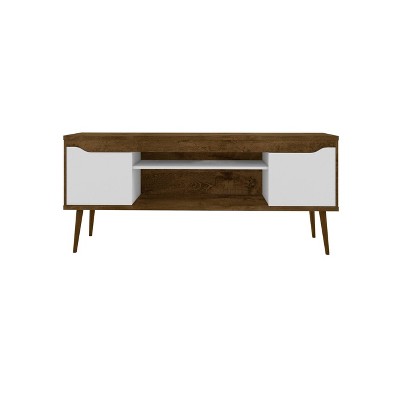 Rustic Brown and White Solid Wood 63" TV Stand with Cabinet Storage
