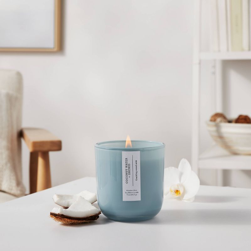 Round Base Glass Candle with Wooden Wick Coconut Water & Orchid Blue - Threshold™, 3 of 5