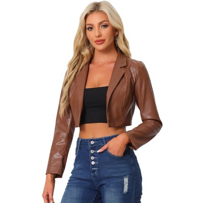 INSPIRE CHIC Women's Faux Leather One Button Lapel Collar Cropped Moto PU Jackets