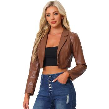 Allegra K Women's Faux Leather One Button Lapel Collar Cropped Moto PU Jackets