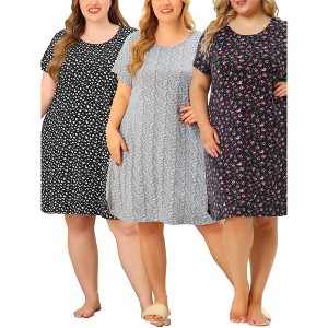 Agnes Orinda Women's Plus Size Floral Short Sleeve Round Neck Soft Nightgowns - 1 of 4