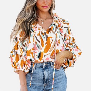 Amaryllis Women's Abstract Print Ruffle Sleeve Blouse Boho-Chic V-Neck Peasant Top Flowy Fit - 1 of 4