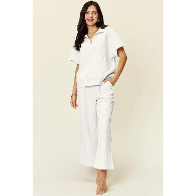 I am a Fashion Junky Double Take Full Size Texture Half Zip Short Sleeve Top and Pants Set